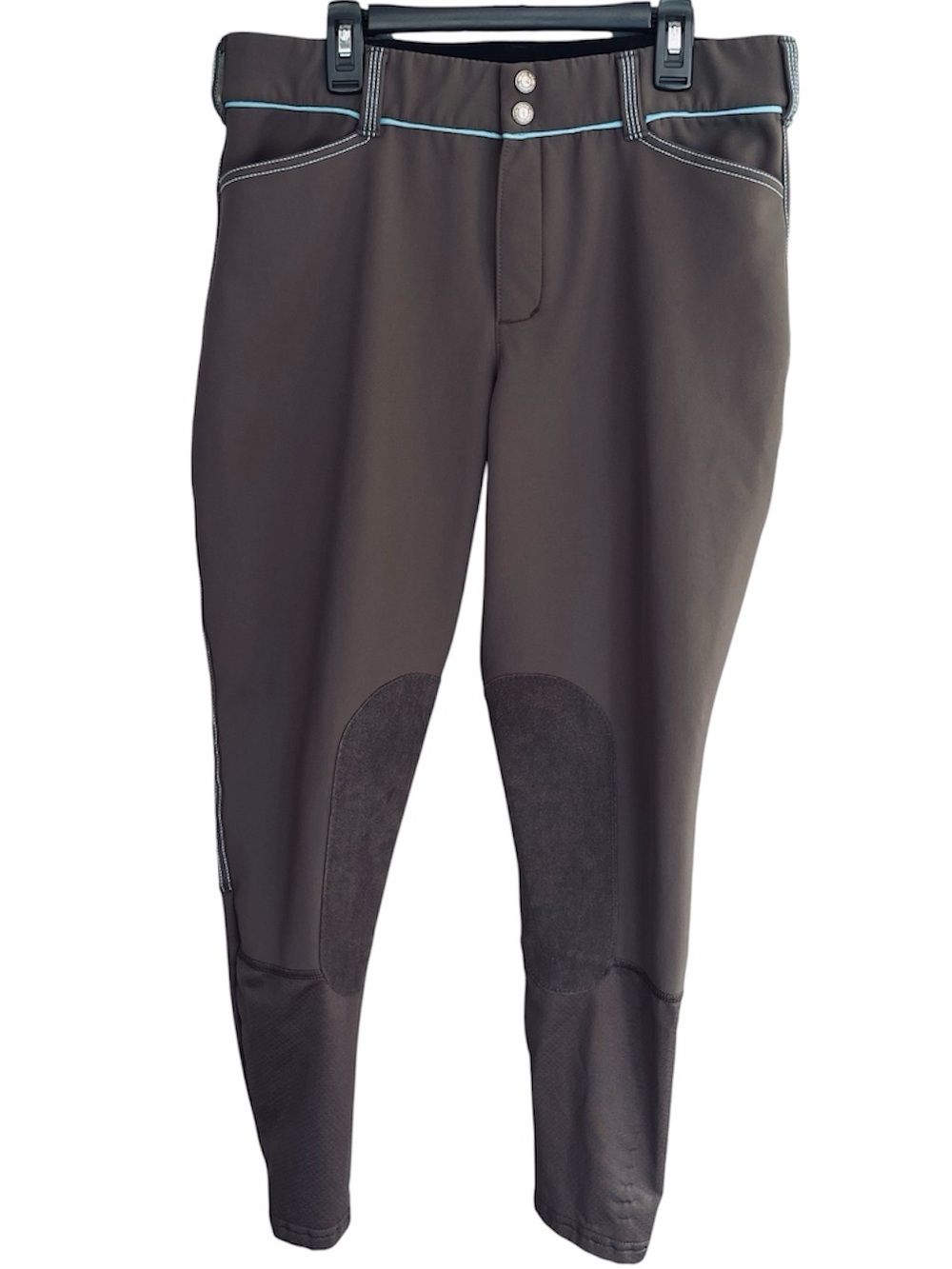 IRIDEON Equestrian Breeches Knee Patches Pockets Gray Blue Piping Size 32